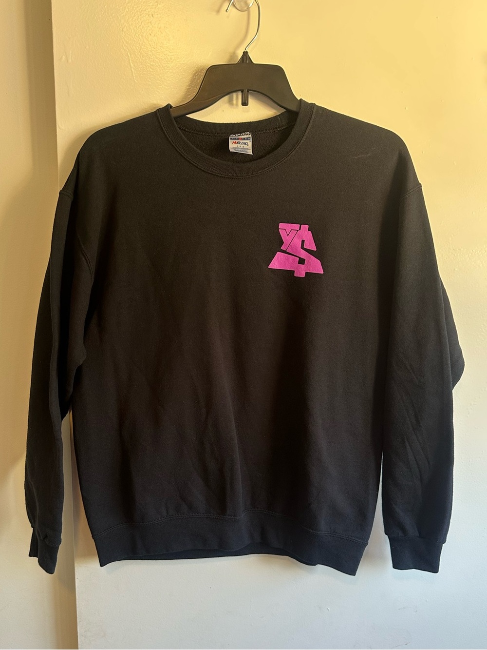 Jerzees Black Crewneck Sweatshirt with Pink Chest Graphic